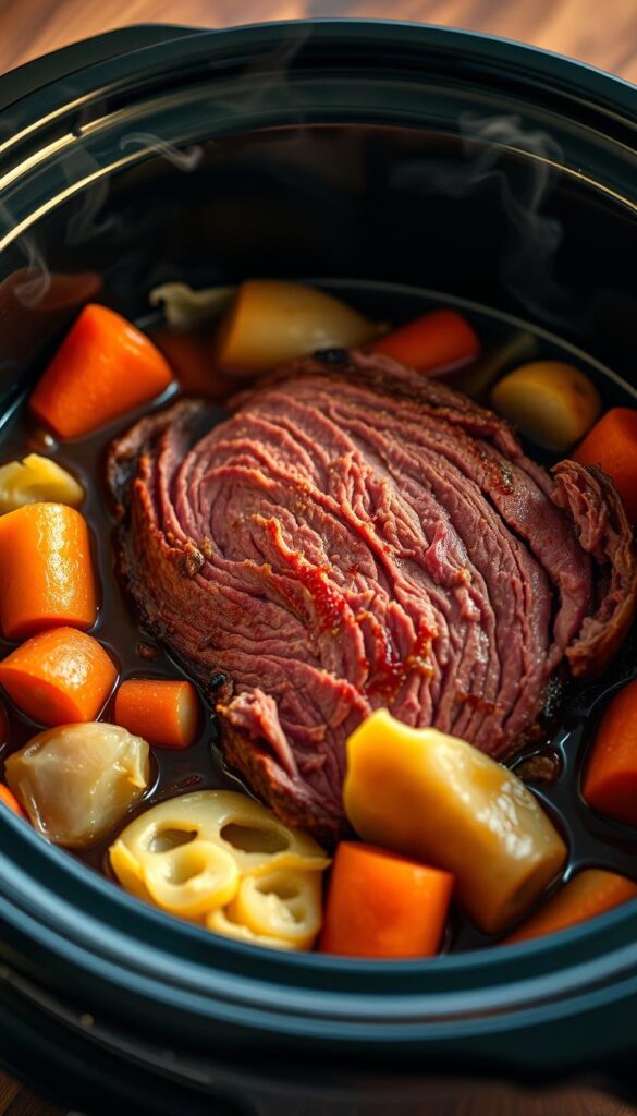 A beautifully lit close-up view of a slow cooker filled with tender, juicy corned beef surrounded by savory cabbage, carrots, and potatoes, all glistening with a rich, flavorful broth. Crisp, caramelized edges on the meat contrast with the soft, succulent interior. Wisps of steam rise from the dish, creating a cozy, appetizing atmosphere. The lighting is warm and inviting, highlighting the vibrant colors and textures of the ingredients. The camera angle emphasizes the hearty, comforting nature of this classic slow-cooked dish.