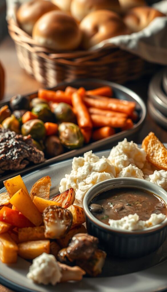 A beautifully lit, high-resolution photograph of an appetizing assortment of side dishes to accompany a tender chuck roast. In the foreground, a platter of fluffy mashed potatoes, golden-brown potato wedges, and a bowl of rich, creamy mushroom gravy. In the middle ground, a tray of roasted brussels sprouts and carrots, their vibrant colors contrasting against the earthy tones. In the background, a basket of freshly baked dinner rolls, their soft, pillowy texture and golden-brown crust inviting the viewer to indulge. The lighting is warm and natural, casting a inviting glow across the entire scene, creating a cozy, comforting atmosphere perfect for a hearty, satisfying meal.