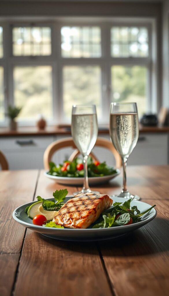 A beautifully lit low-carb dinner scene on a wooden table. In the foreground, a plate features a grilled salmon fillet accompanied by a vibrant green salad, garnished with sliced avocado and cherry tomatoes. In the middle ground, a glass of sparkling water with a lemon wedge adds a refreshing touch. The background showcases a simple, minimalist kitchen interior with subtle natural lighting filtering through large windows, creating a calming, healthy atmosphere.