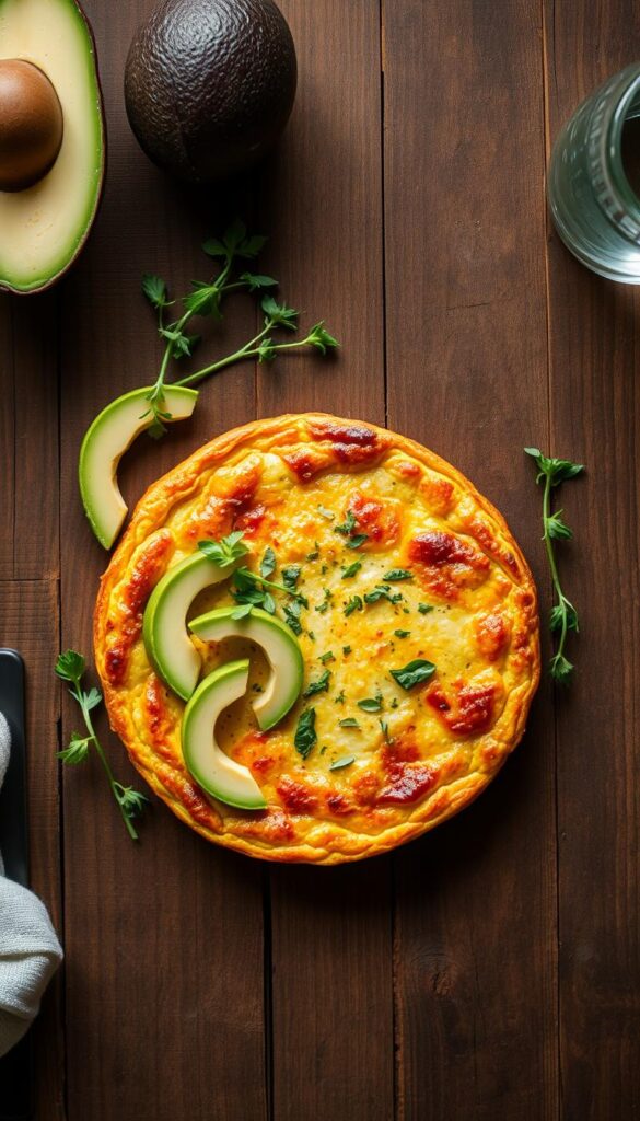 A beautifully lit overhead shot of a rustic wooden table, the surface adorned with a freshly served frittata, its golden-brown crust glistening. Slices of creamy avocado and fresh sprigs of vibrant green herbs are artfully arranged around the frittata, adding pops of color and texture. The lighting is soft and diffused, casting a warm, inviting glow over the scene. The perspective is slightly elevated, allowing the viewer to admire the carefully composed dish from an enticing angle. The overall mood is one of simple elegance and tasteful presentation, perfectly capturing the essence of serving a delicious frittata.