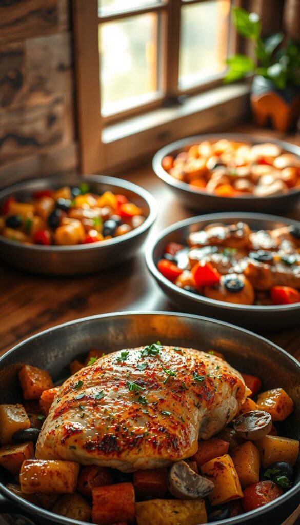 A beautifully lit, rustic kitchen counter displays an array of delectable one-pan chicken breast recipes. In the foreground, a juicy, pan-seared chicken breast sits atop a bed of roasted vegetables, garnished with fresh herbs. Behind it, additional dishes feature creative chicken breast preparations, from a vibrant Mediterranean-inspired chicken with tomatoes and olives to a comforting, creamy chicken and mushroom casserole. The scene is bathed in warm, natural light, creating a cozy, inviting atmosphere that whets the appetite and inspires culinary exploration. The image captures the simplicity and versatility of boneless, skinless chicken breasts, showcasing a variety of mouthwatering, one-pan meals.