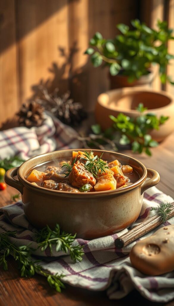 A beautifully lit, rustic scene of a steaming gluten-free stew in a ceramic bowl, surrounded by fresh herbs, aromatic spices, and tender chunks of stew meat. The background features a wooden table with a checkered linen cloth, casting warm, natural light across the scene. The depth of field is slightly blurred, drawing the viewer's focus to the vibrant colors and textures of the stew. The overall atmosphere is cozy, inviting, and celebrates the hearty, wholesome nature of this special dietary-friendly dish.