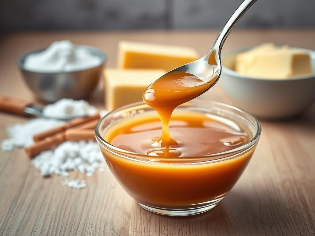 A beautifully lit tabletop scene featuring a glass bowl filled with freshly made caramel sauce, its glistening golden surface reflecting the warm light. In the foreground, a silver spoon dips into the sauce, revealing its thick, silky consistency. Behind the bowl, an assortment of baking ingredients - sugar, cream, butter - are neatly arranged, hinting at the simple yet precise steps required to achieve this perfect caramel. The background is a soft, blurred expanse, allowing the caramel to take center stage. The overall mood is one of culinary mastery, where every detail has been carefully considered to create the ultimate caramel sauce.