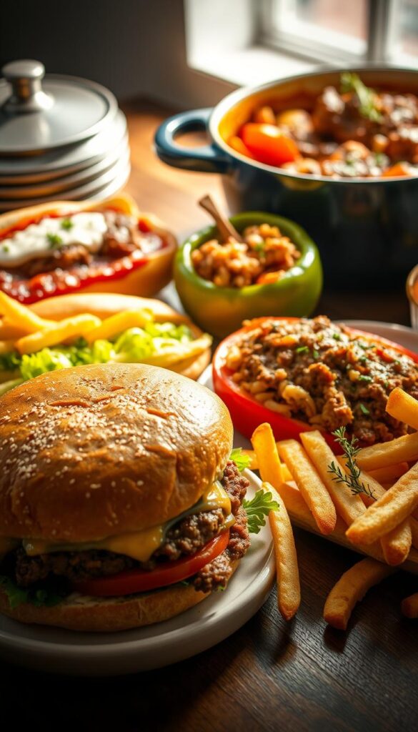 A beautifully lit tabletop scene featuring a variety of freshly prepared ground beef dishes. In the foreground, a juicy burger with melted cheese, lettuce, and tomato, accompanied by a side of crispy golden french fries. In the middle ground, a hearty meatball sub with marinara sauce and melted mozzarella, alongside a savory stuffed pepper overflowing with ground beef, rice, and herbs. In the background, a pot roast with tender beef, carrots, potatoes, and onions, garnished with fragrant fresh thyme. The scene is bathed in warm, natural lighting, creating a cozy and inviting atmosphere, perfect for evoking feelings of comfort and deliciousness.