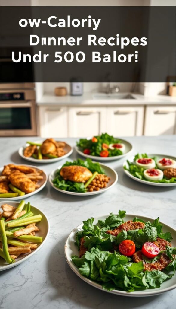 A beautifully lit, top-down view of a table showcasing a variety of low-calorie dinner recipes. In the foreground, a selection of healthy, fresh ingredients such as grilled chicken, steamed vegetables, and a leafy green salad. In the middle ground, artfully arranged plates with portion-controlled servings, highlighting the calorie-conscious nature of the dishes. The background features a clean, minimalist kitchen setting, with natural lighting streaming in, creating a warm and inviting atmosphere. The overall scene conveys a sense of balance, simplicity, and culinary expertise, perfectly encapsulating the "Low-Calorie Dinner Recipes Under 500 Calories" theme.