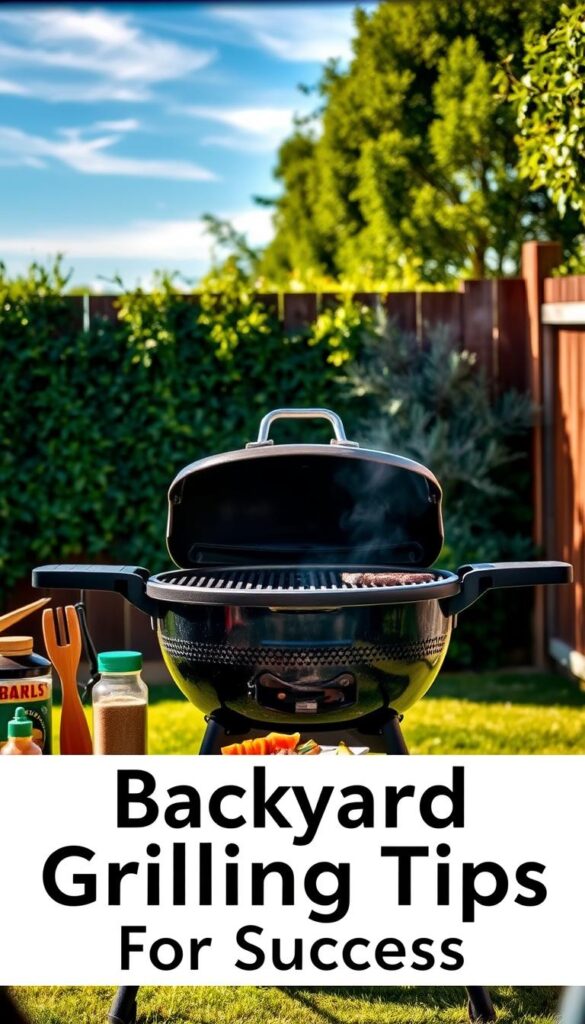 A beautifully lit, well-composed image of a charcoal grill in a lush, verdant backyard. The grill is the focal point, with various grilling tools and seasonings arranged neatly around it. In the background, a partially visible wooden fence frames the scene, and a clear blue sky with wispy clouds adds to the inviting, summertime atmosphere. The lighting is natural and warm, creating a cozy, al fresco dining vibe. The image conveys a sense of expertise and confidence in backyard grilling, perfectly suited to illustrate "Backyard Grilling Tips for Success."