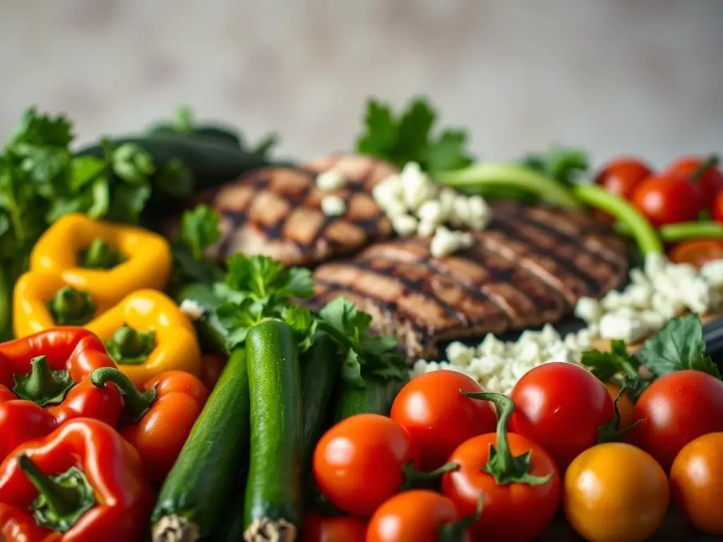 A bountiful arrangement of fresh vegetables and lean proteins set against a soft, out-of-focus background. In the foreground, vibrant bell peppers, zucchini, and tomatoes in various hues of red, green, and yellow are neatly arranged. In the middle ground, succulent grilled chicken breast, seared steak, and crumbled feta cheese add rich textures and flavors. The lighting is soft and diffused, creating a warm, cozy atmosphere. The composition is balanced, with the ingredients thoughtfully placed to create an appetizing and visually appealing scene. The overall mood is one of nourishment and culinary delight, perfectly suited to illustrate the "Adding Vegetables and Proteins" section of the "Creamy White Sauce Pasta: A Comforting Meal" article.