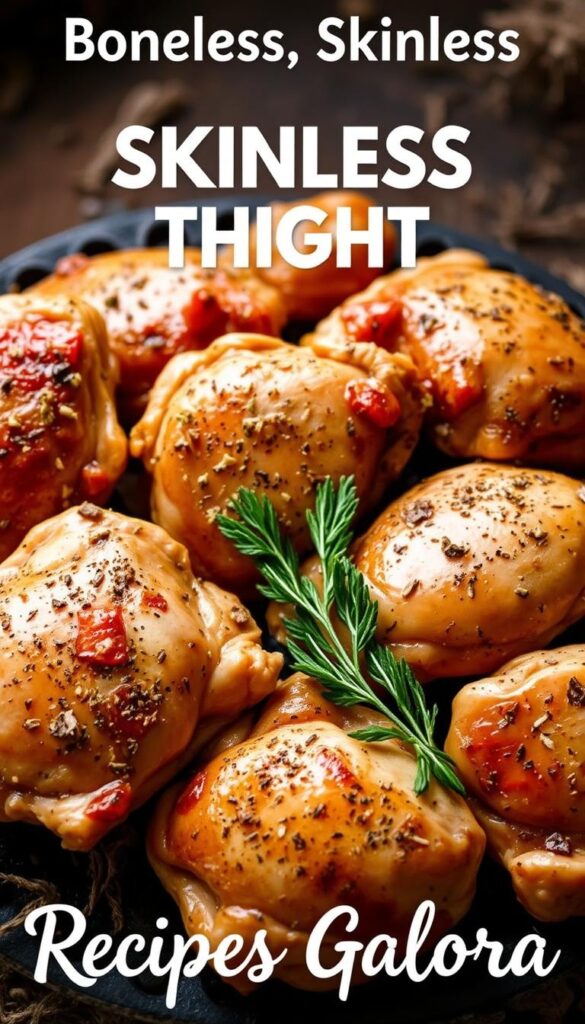 A bountiful arrangement of savory boneless, skinless chicken thighs, gently seasoned and expertly prepared, taking center stage against a backdrop of earthy tones and natural textures. Soft lighting casts a warm glow, highlighting the succulent meat and the enticing blend of herbs and spices that promise a delightful culinary experience. The composition is balanced, with the chicken thighs positioned to draw the eye, inviting the viewer to imagine the rich, flavorful dishes that can be created with this versatile ingredient. The overall mood is one of inviting simplicity, hinting at the ease and versatility of these "Boneless Skinless Chicken Thigh Recipes Galore".