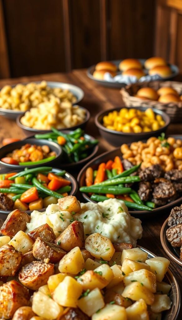A bountiful spread of savory side dishes arranged harmoniously on a rustic wooden table, illuminated by warm, natural lighting. In the foreground, tender roasted potatoes and buttery mashed potatoes, garnished with fresh chives. In the middle ground, vibrant sautéed vegetables like vibrant green beans and glazed carrots. In the background, a creamy, cheesy baked mac and cheese, and a basket of freshly baked dinner rolls. The overall mood is inviting and appetizing, accentuating the hearty, comforting nature of the beef tips dish.
