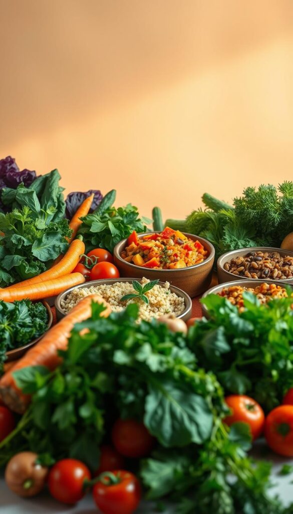 A bountiful still life arrangement of an assortment of fresh, vibrant vegetables against a soft, neutral background. In the foreground, a variety of colorful produce such as leafy greens, crunchy carrots, juicy tomatoes, and zesty herbs are artfully displayed, capturing their natural beauty and vibrancy. The middle ground showcases a selection of wholesome, nutrient-dense side dishes, such as a hearty quinoa salad, a creamy lentil stew, and a roasted vegetable medley, all presented in simple, rustic serving dishes. The background features gentle, warm lighting that casts a soft, inviting glow, creating a calming, appetizing atmosphere. The overall composition conveys a sense of health, balance, and culinary harmony, perfectly suited to illustrate a section on "Healthy Side Dishes to Complement Your Dinner".