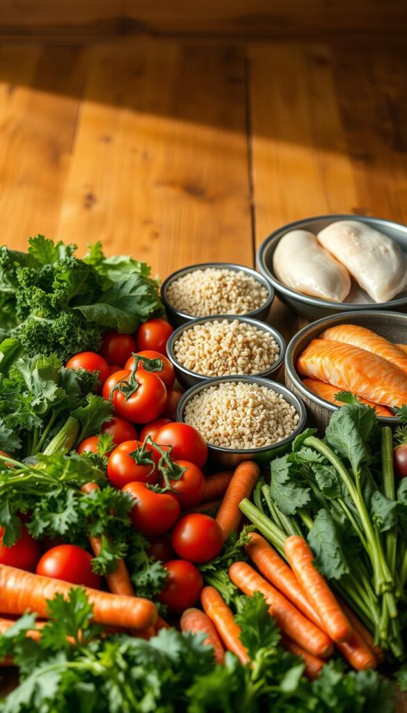 A bountiful still life of fresh, seasonal ingredients for wholesome family dinners. In the foreground, an array of vibrant vegetables such as crisp kale, juicy tomatoes, and hearty carrots. In the middle ground, a variety of whole grains like quinoa and brown rice, complemented by a selection of lean proteins like chicken breasts and salmon fillets. The background features a rustic wooden table illuminated by warm, natural lighting, creating a cozy and inviting atmosphere. The overall composition conveys a sense of nourishment, vitality, and the importance of incorporating seasonal produce into everyday meals.