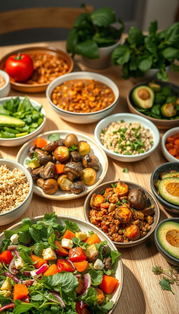 A bountiful table laden with a colorful array of quick, wholesome vegetarian dishes. In the foreground, a vibrant salad with leafy greens, crisp vegetables, and a zesty dressing. Nearby, a steaming bowl of hearty lentil stew, its savory aroma filling the air. In the middle ground, a platter of roasted sweet potatoes, Brussels sprouts, and earthy mushrooms, drizzled with fragrant olive oil. Along the edges, bowls of quinoa, avocado, and fresh herbs, offering a variety of textures and flavors. Soft, natural lighting illuminates the scene, creating a warm, inviting atmosphere. The composition is balanced, with each element complementing the others, showcasing the beauty and simplicity of nutritious, plant-based cuisine.