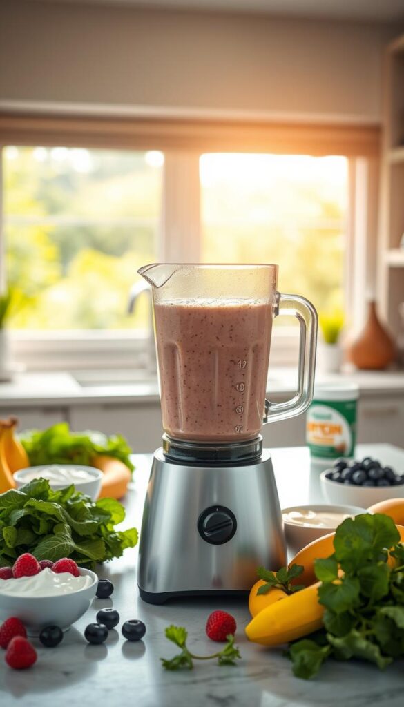 A bright, airy kitchen counter with a blender in the foreground, filled with a creamy, protein-rich smoothie. Surrounding the blender, an assortment of fresh, vibrant ingredients - leafy greens, berries, bananas, yogurt, and protein powder. The lighting is soft and natural, casting a warm glow on the scene. In the background, a window overlooking a lush, verdant landscape, emphasizing the healthy, wholesome nature of the smoothie. The overall mood is one of simplicity, nourishment, and ease, inviting the viewer to imagine whipping up these easy, nutrient-dense protein smoothies.