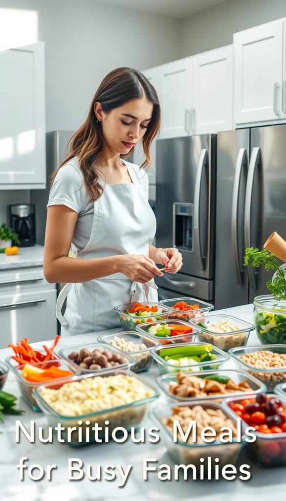 A bright, airy kitchen filled with stainless steel appliances and natural light. On the countertop, an array of freshly chopped vegetables, lean proteins, and whole grains. A woman, dressed in a crisp white apron, carefully measures and arranges the ingredients into individual meal containers. She has a serene expression, focused on the task at hand. The scene evokes a sense of organization, health, and intentionality - the perfect illustration for "Nutritious Meals for Busy Families".