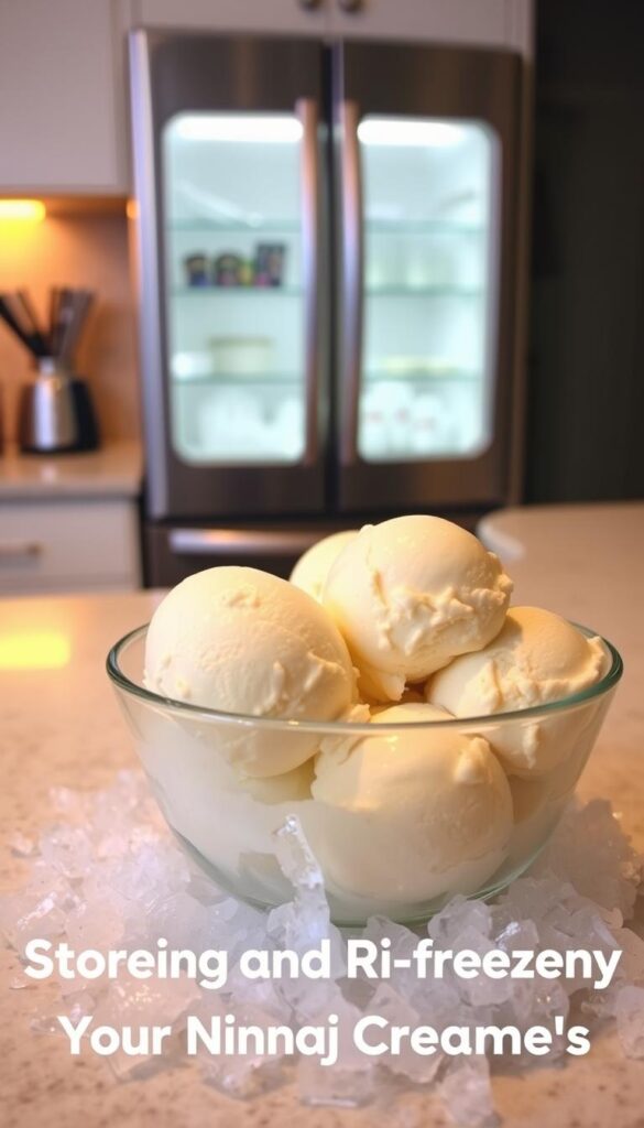 A brightly lit kitchen counter, with a glass bowl filled with scoops of creamy ice cream nestled in a bed of crushed ice. The ice cream glistens under the warm kitchen lighting, its soft, velvety texture inviting a taste. In the background, a sleek, modern freezer stands ready to preserve the frozen treats. The scene conveys a sense of care and attention to detail in properly storing homemade ice cream, ensuring its quality and freshness for future enjoyment. The image would capture the essence of the "Storing and Re-freezing Your Ninja Creami Ice Creams" section, providing a visually appealing representation of the article's subject matter.