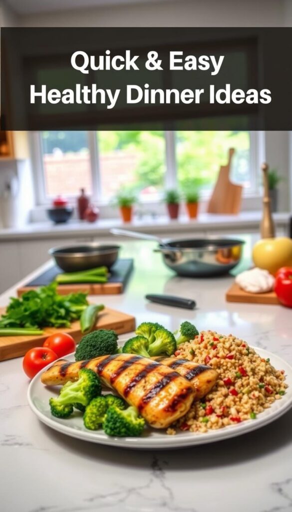 A brightly lit kitchen counter, with a variety of fresh, colorful ingredients artfully arranged. In the foreground, a plate showcases a delicious, balanced meal - juicy grilled chicken, steamed broccoli florets, and a vibrant quinoa salad. Mid-ground, a cutting board with chopped vegetables, a sizzling pan, and a few kitchen utensils. The background features a modern, minimalist kitchen with clean lines, natural wood accents, and a window overlooking a lush, verdant garden. The scene exudes a sense of health, simplicity, and culinary expertise, capturing the essence of "Quick & Easy Healthy Dinner Ideas."