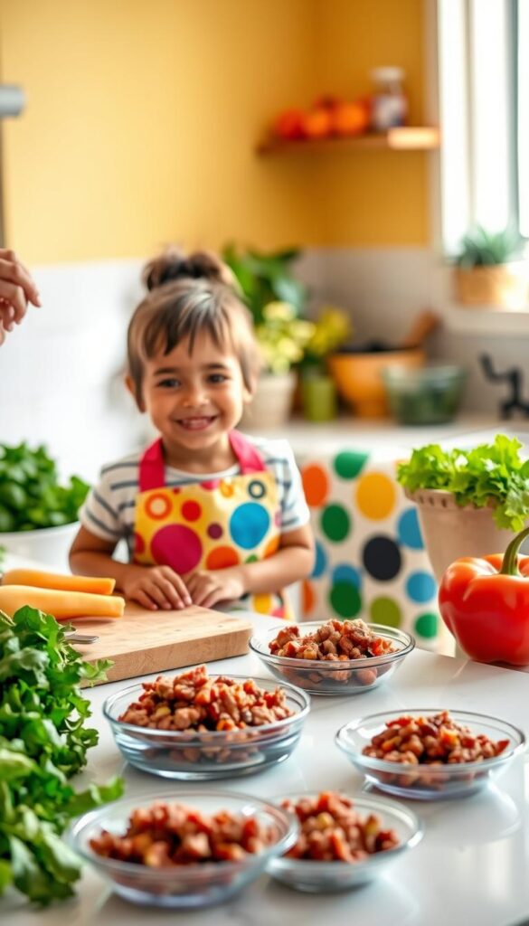 A brightly lit kitchen countertop, with a variety of colorful fresh vegetables, a cutting board, and a few small dishes featuring ground beef-based meals. In the foreground, a smiling child in a colorful apron is helping to prepare a simple, yet nutritious dish, perhaps a mini meatball or taco filling. The background showcases warm, inviting tones, evoking a cozy family atmosphere. The lighting is soft and natural, highlighting the textures and vibrant hues of the ingredients. The overall mood is one of familial togetherness, healthy eating, and a love of home-cooked, kid-friendly meals featuring versatile ground beef.