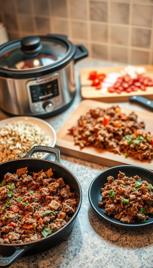 A busy kitchen counter with a selection of quick ground beef meal options. In the foreground, a cast-iron skillet sizzles with ground beef, spices, and chopped vegetables. Beside it, a plate showcases a tasty beef and rice dish, garnished with fresh herbs. In the middle ground, a slow cooker bubbles with a hearty beef stew, its rich aroma filling the air. The background features a cutting board with diced tomatoes, onions, and a mix of spices, hinting at the versatility of ground beef for easy weeknight dinners. The lighting is warm and inviting, creating a cozy, homey atmosphere.