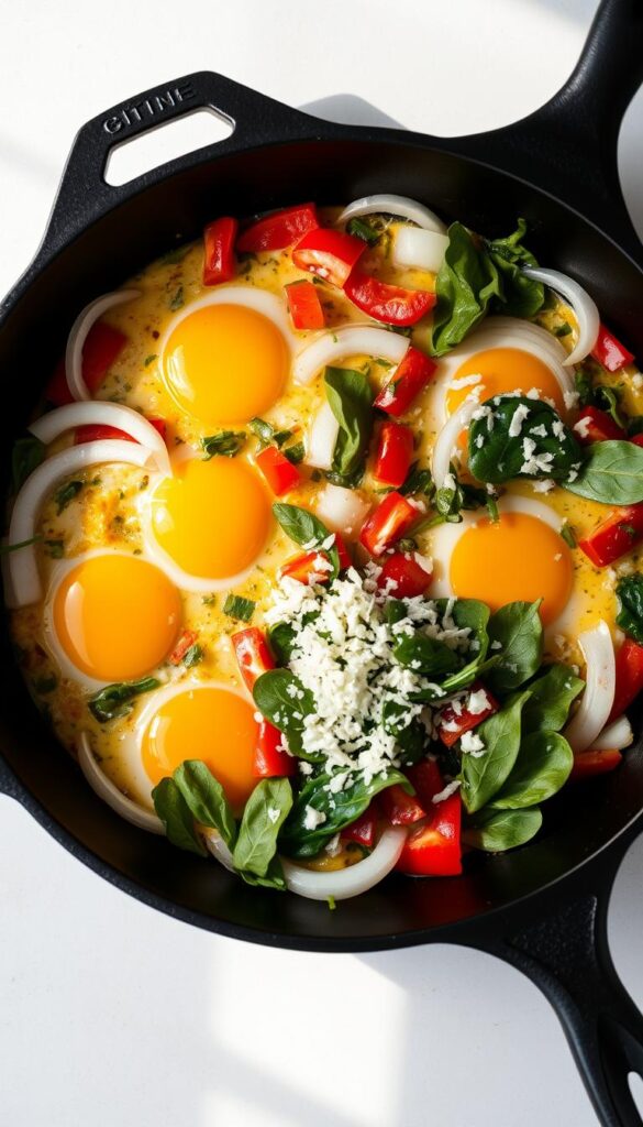 A cast iron skillet filled with the essential ingredients for a classic frittata - fresh eggs, onions, bell peppers, spinach, and grated cheese, all arranged in a visually appealing manner. The ingredients are evenly distributed across the pan, creating a harmonious composition. Soft, natural lighting illuminates the scene, casting gentle shadows and highlighting the vibrant colors of the produce. The skillet is positioned at a slight angle, allowing the viewer to see the depth and texture of the ingredients. The overall mood is warm, inviting, and appetizing, perfectly capturing the essence of a simple yet delicious frittata.