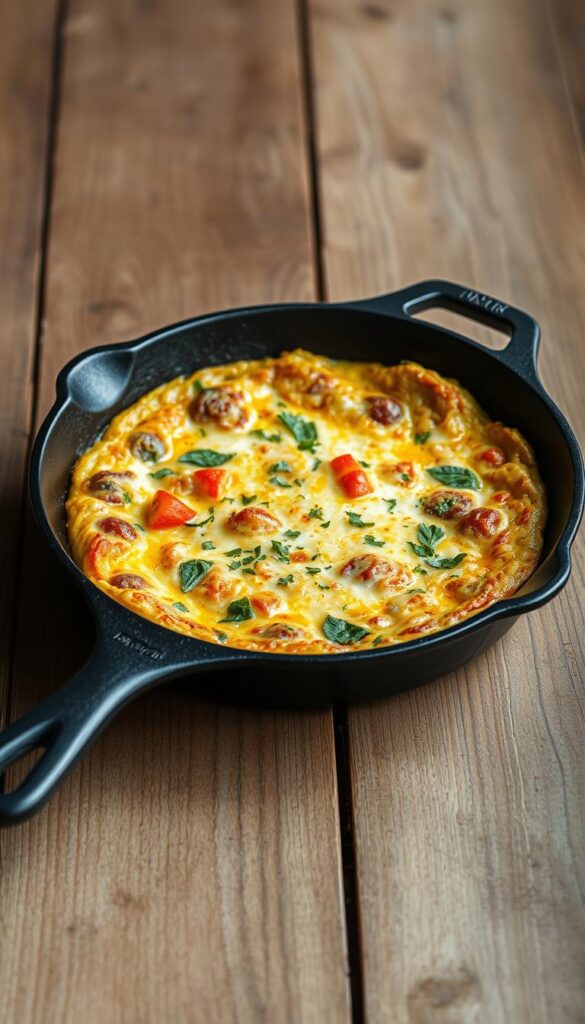 A cast iron skillet gleams on a rustic wooden table, ready to sizzle with a delectable frittata. The skillet's deep, charcoal hue contrasts beautifully with the warm, natural tones of the table. Soft, natural lighting cascades over the scene, casting gentle shadows and highlighting the skillet's textured surface. The frittata filling, a vibrant medley of fresh vegetables and herbs, awaits its turn to be expertly cooked, resulting in a fluffy, golden-brown masterpiece. The scene exudes a sense of culinary expertise and the promise of a nourishing, homemade breakfast or brunch.