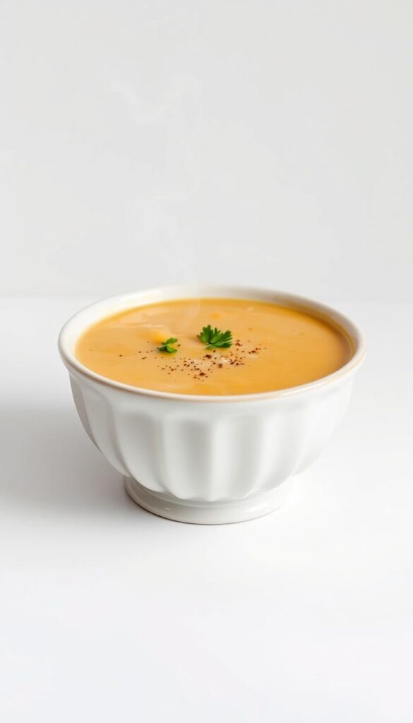 A classic cream of chicken soup presented in a stately porcelain bowl, set against a crisp white background. The soup's golden hue glistens under soft, diffused lighting, creating a soothing, inviting atmosphere. Delicate wisps of steam rise from the surface, hinting at the soup's warmth and comforting texture. Finely chopped parsley leaves and a light sprinkle of cracked black pepper adorn the top, adding a touch of elegance. The composition is clean, balanced, and highlights the soup's simple, yet refined, appearance - a quintessential representation of a timeless, homemade classic.