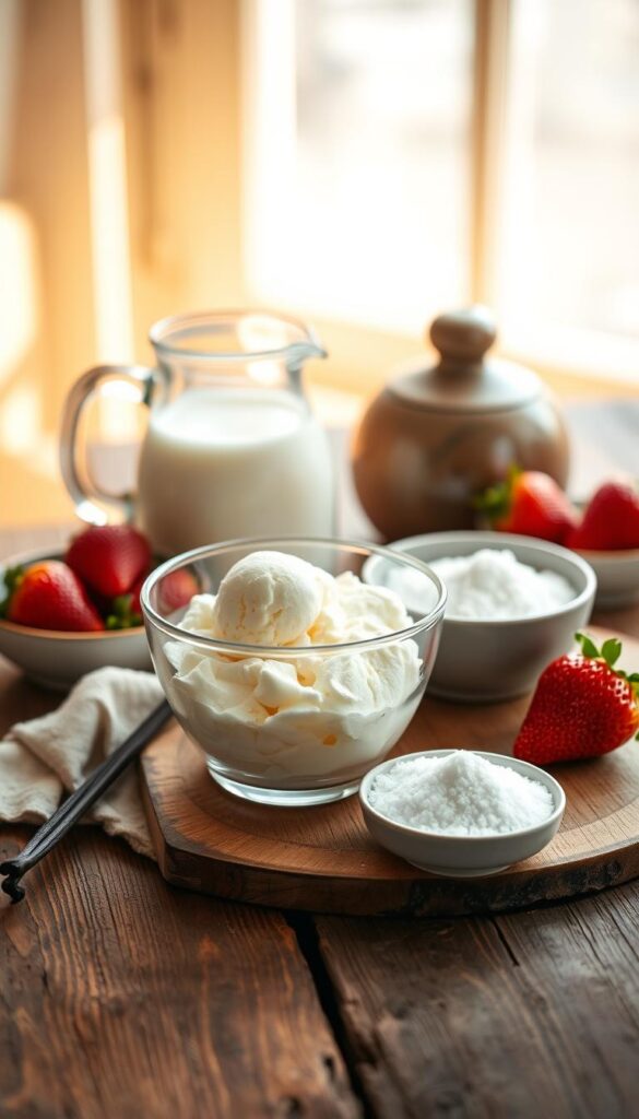 A classical still life arrangement on a rustic wooden table, centered around the essential ingredients for Ninja Creamy ice cream: a glass bowl of freshly churned creamy ice cream, surrounded by a glass pitcher of milk, a bowl of sugar, a vanilla bean pod, and fresh strawberries. Warm, soft lighting from a window casts a gentle glow, highlighting the rich textures and vibrant colors of the scene. The composition is balanced and visually appealing, inviting the viewer to imagine the delicious treat that can be crafted from these simple, high-quality ingredients.