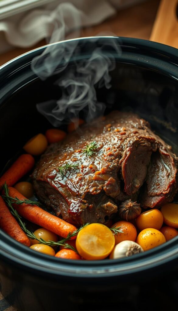 A close-up, cinematic view of a tender, juicy pot roast being carefully removed from a bubbling crock pot. The rich, savory aroma fills the air, as steam rises, illuminated by soft, warm lighting. The roast is nestled on a wooden cutting board, surrounded by aromatic herbs and vegetables - carrots, potatoes, onions, and garlic. The scene evokes a cozy, homely atmosphere, inviting the viewer to imagine the mouthwatering flavors and the comforting experience of preparing a classic, hearty pot roast in a slow cooker.