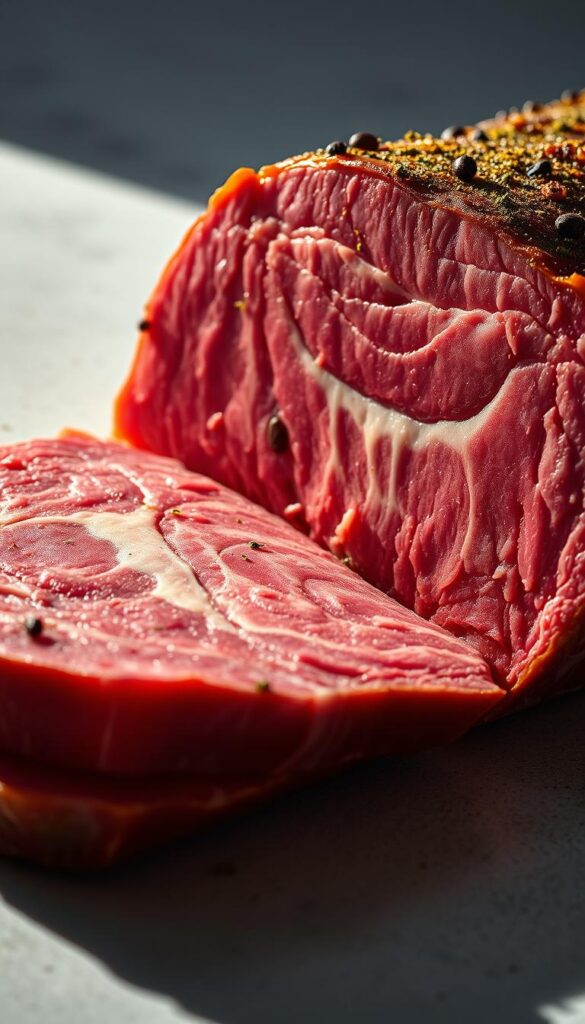 A close-up, high-resolution photograph of a freshly sliced, thick slab of corned beef. The meat has a deep reddish-pink hue, with distinct layers of marbled fat running through it. The surface is dotted with visible black peppercorns and a light dusting of coriander. Bright studio lighting casts dramatic shadows, highlighting the textural details of the cut. The image is captured at a slight angle, showcasing the tender, juicy appearance of the corned beef. The background is a clean, neutral surface, allowing the subject to be the sole focus of the frame.