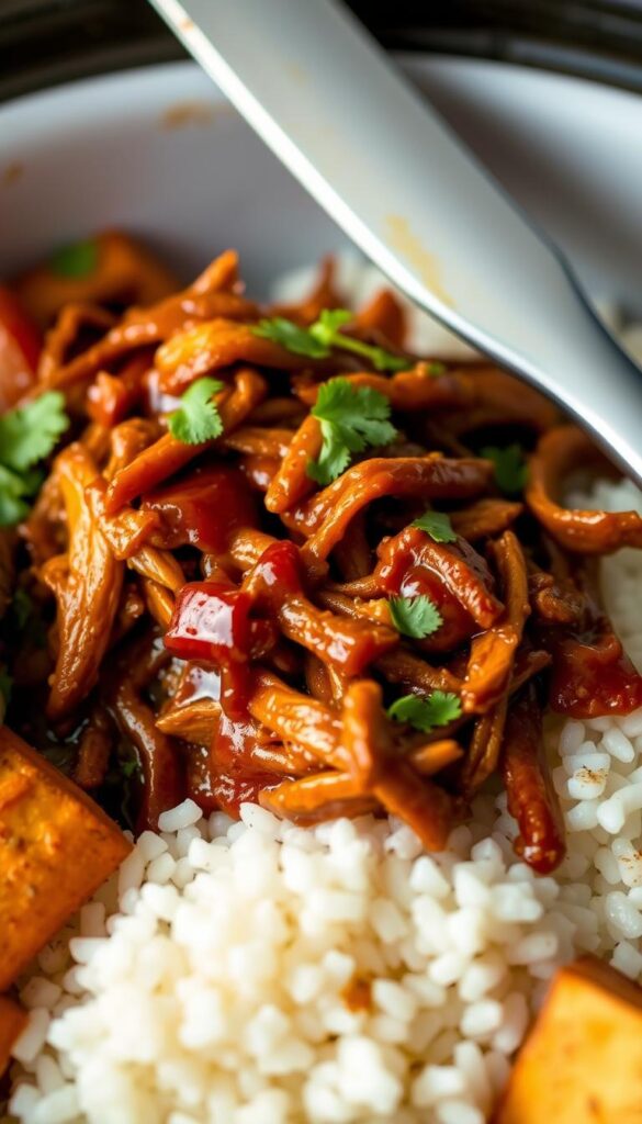 A close-up photograph of a hearty pulled chicken dish, slow-cooked to perfection in a rustic crockpot. The chicken is shredded, glistening with a rich, tangy barbecue sauce, nestled on a bed of fluffy white rice. Garnished with fresh cilantro and served alongside a side of roasted root vegetables, the scene evokes the comforting aromas and flavors of a homemade, slow-simmered meal. Soft, diffused lighting highlights the dish's inviting texture and natural colors, while a shallow depth of field keeps the focus on the star of the plate. The mood is one of simple, homespun elegance, perfectly suited for an article on easy, crock pot-based pulled chicken recipes.