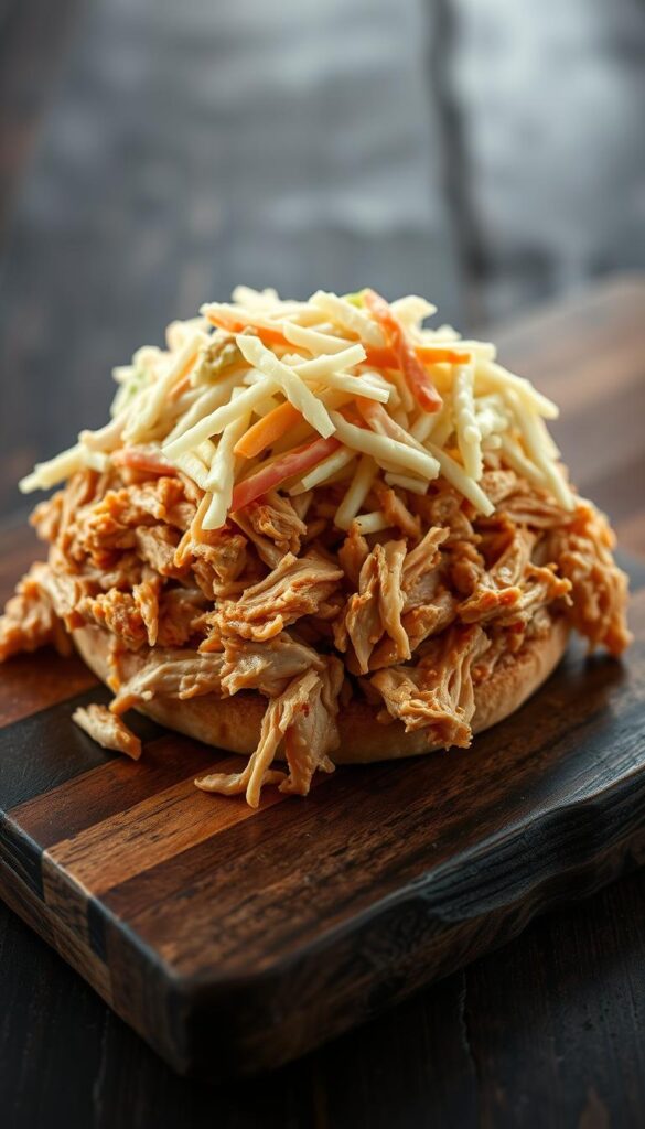 A close-up photograph of a pulled chicken sandwich with coleslaw served on a wooden board. The chicken is tender and juicy, shredded into bite-sized pieces and lightly seasoned. A generous portion of creamy coleslaw, with shredded cabbage and carrots, tops the sandwich. The board is positioned on a dark, rustic surface, with a natural lighting setup that casts a warm, inviting glow on the scene. The image conveys the comforting, homemade nature of a classic pulled chicken sandwich with a tangy, crunchy coleslaw accompaniment.