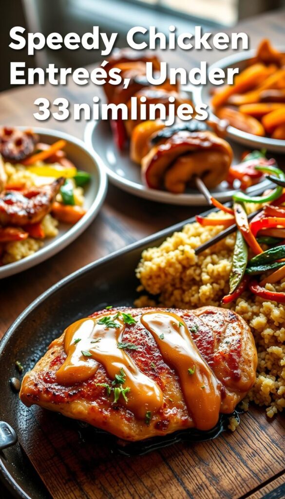 A close-up photograph of a variety of speedy chicken entrées arranged on a rustic wooden table, bathed in soft, natural lighting. In the foreground, a juicy, pan-seared chicken breast drizzled with a vibrant garlic-herb sauce, accompanied by a side of fluffy quinoa and roasted vegetables. In the middle ground, a skewer of grilled chicken kebabs, the meat tender and caramelized, contrasted by the bright colors of the peppers and onions. In the background, a hearty chicken stir-fry, the thin strips of meat glistening, tossed with a medley of crisp-tender vegetables and a savory sauce. An atmosphere of effortless, home-cooked elegance, capturing the essence of "Speedy Chicken Entrées Under 30 Minutes".