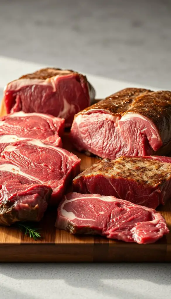 A close-up photograph of various cuts of roast beef arranged on a wooden cutting board. The cuts include a large prime rib roast, a top round roast, a bottom round roast, and a chuck roast. The meat is glistening with natural juices, showcasing its tender, marbled texture. The lighting is soft and natural, creating a warm, inviting atmosphere. The board is positioned on a simple, neutral-colored background, allowing the focus to remain on the impressive cuts of beef. This image perfectly captures the essential ingredients for delicious roast beef recipes, highlighting the importance of selecting the right cuts for optimal flavor and texture.