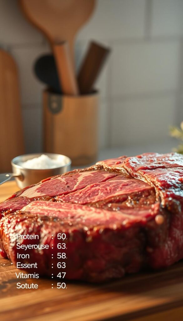 A close-up shot of a juicy, tender chuck roast, its marbled surface glistening under warm, natural lighting. In the foreground, a detailed breakdown of the nutritional value, highlighting the generous amounts of protein, iron, and essential vitamins and minerals. The middle ground features a stainless steel measuring spoon and a small bowl of coarse sea salt, emphasizing the importance of proper seasoning. The background is a soft, out-of-focus kitchen counter, conveying a sense of homely, rustic comfort. The overall mood is inviting and informative, capturing the nutritional richness of this versatile cut of beef.