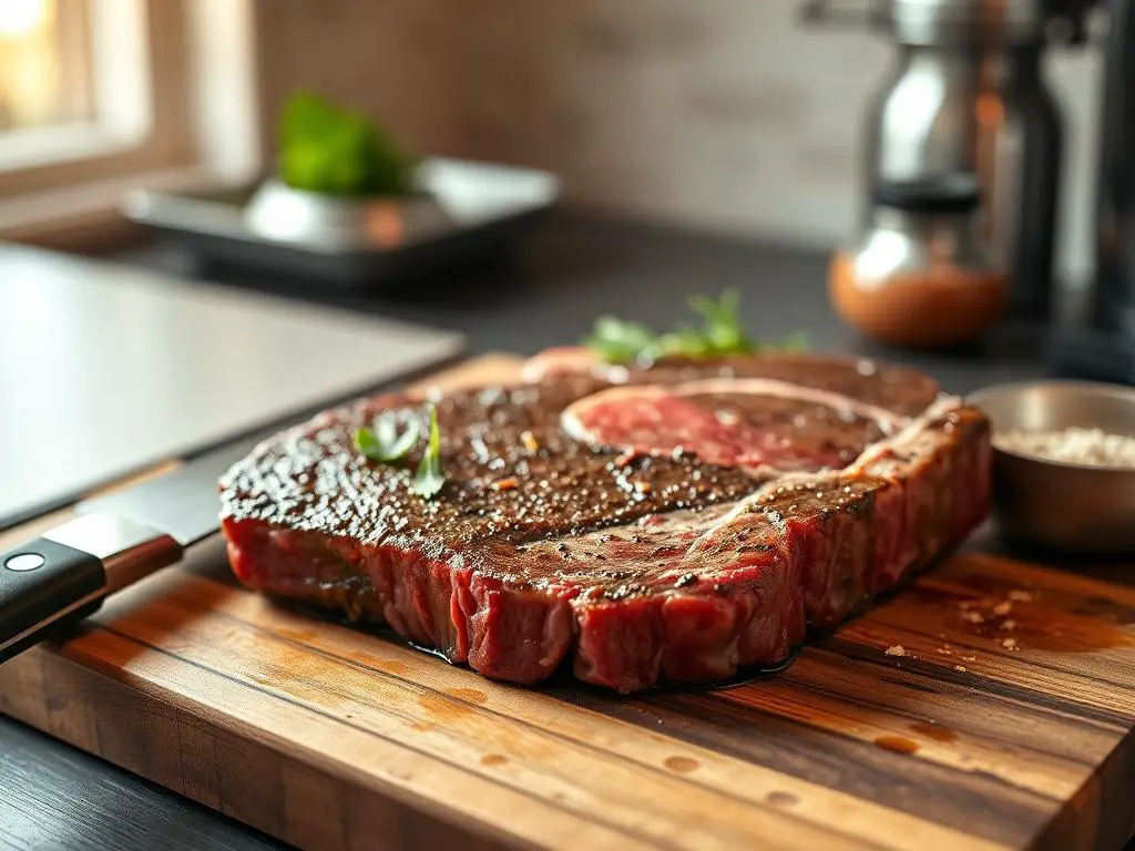 A close-up shot of a wooden cutting board, with a juicy New York strip steak resting on it. The steak is surrounded by a selection of cooking tools, including a sharp chef's knife, kitchen tongs, and a small bowl of seasoning. The lighting is soft and natural, casting a warm glow on the scene. In the background, a neutral, blurred backdrop suggests a well-equipped kitchen. The overall mood is one of culinary anticipation, as the viewer is drawn into the process of preparing the perfect steak for cooking.