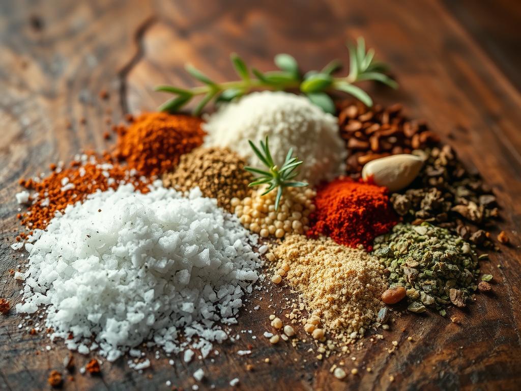 A close-up shot of an assortment of common grilling spices and seasonings arranged on a rustic wooden surface. In the foreground, a mix of coarse sea salt, freshly ground black pepper, garlic powder, paprika, and dried herbs like rosemary, thyme, and oregano are scattered across the weathered wood. The middle ground features a few sprigs of fresh herbs, adding pops of green color. Soft, directional lighting casts subtle shadows, highlighting the textural details of the seasonings. The overall mood is earthy, warm, and inviting, capturing the essence of preparing chicken for the grill.
