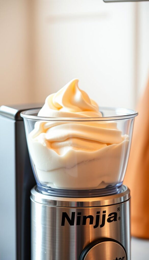 A close-up view of a Ninja Creami countertop appliance, its sleek and modern design highlighted by warm, natural lighting. The device's clear ice cream container is filled with a luscious, creamy homemade ice cream, its vibrant color and smooth texture enticing the viewer. The background is softly blurred, drawing the eye to the Ninja Creami's central role in the ice cream-making process. Subtle highlights accent the appliance's contours, conveying its high-quality craftsmanship and efficient functionality. The overall scene exudes a sense of artisanal quality, inviting the viewer to imagine the delightful homemade treats the Ninja Creami can produce.