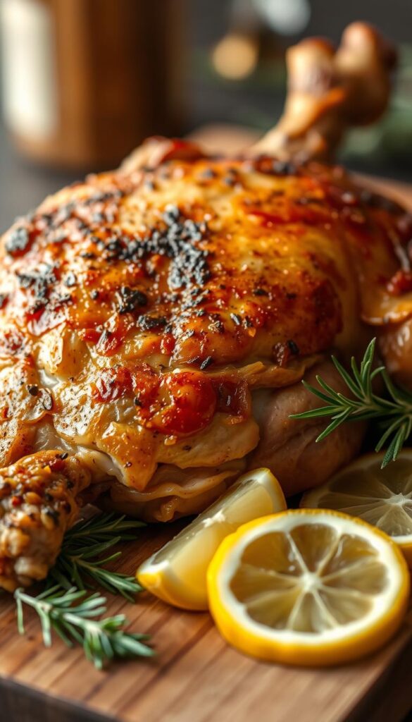 A close-up view of a juicy, golden-brown chicken thigh with the bone still intact, resting on a wooden cutting board. The skin is crispy and glistening, revealing the tender, moist meat beneath. Sliced lemon wedges and fresh herbs, such as rosemary and thyme, are arranged artfully around the thigh, highlighting the natural flavors. The lighting is soft and warm, creating a cozy, appetizing atmosphere. The depth of field is shallow, drawing the viewer's attention to the intricate texture and details of the bone-in chicken thigh.