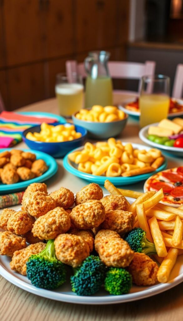 A colorful and inviting family dinner table with a variety of kid-friendly dishes. In the foreground, a plate of bite-sized chicken nuggets, crispy french fries, and steamed broccoli florets. In the middle, a bowl of creamy macaroni and cheese, and a plate of mini-sized pizza slices with pepperoni and vegetables. In the background, a glass pitcher of fresh lemonade and a plate of sliced fruit. The table is set with bright, playful plates and napkins. Warm, soft lighting illuminates the scene, creating a cozy, welcoming atmosphere. The composition is balanced, with the various dishes and elements arranged in an appealing, appetizing manner.