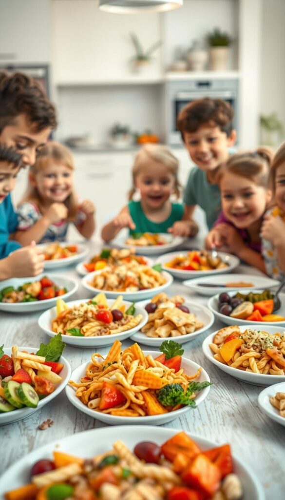 A colorful and lively scene of a family-friendly dinner table, featuring a variety of nutritious and appetizing kid-friendly meals. In the foreground, plates brimming with vibrant fruits, vegetables, pasta, and lean proteins, arranged in an inviting and visually appealing manner. The middle ground showcases a group of happy children eagerly enjoying their meals, their faces lit by the warm, soft lighting that creates a cozy, homey atmosphere. In the background, a cheerful, modern kitchen setting with clean, minimalist decor, conveying a sense of healthy, wholesome living. The overall composition exudes a welcoming, familial ambiance, perfectly capturing the essence of "Kid-Friendly Dinners That Everyone Will Love".
