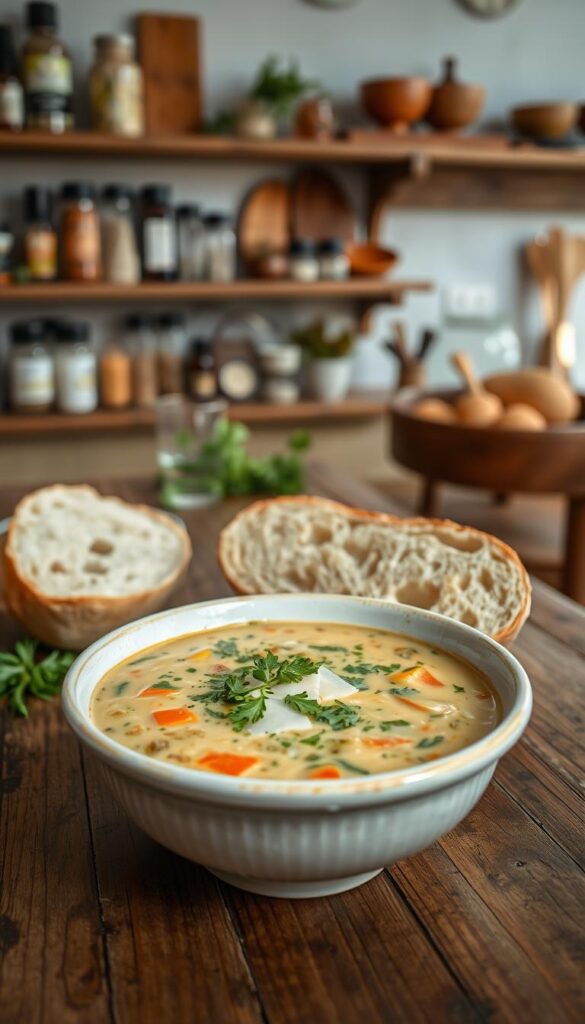 A comforting bowl of high-protein, low-carb soup set against a rustic wooden table. In the foreground, a steaming bowl filled with creamy, veggie-packed broth, garnished with fresh herbs and a sprinkle of Parmesan. The middle ground features a crusty bread roll, sliced, ready to dip into the savory soup. The background showcases a cozy, natural-light-filled kitchen, with wooden shelves displaying various spices and seasonings. The scene conveys a sense of warmth, nourishment, and healthy, hearty fare. Lit by soft, natural lighting, the image has a mouthwatering, homemade aesthetic.