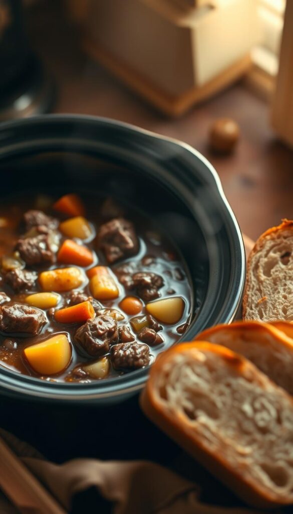 A comforting crockpot beef stew simmers in the foreground, its rich broth and tender chunks of meat beckoning. Thick slices of crusty bread sit alongside, ready to soak up every last drop. Carrots, potatoes, and onions peek out, adding vibrant pops of color and texture. The lighting is warm and cozy, casting a soft glow over the scene. The camera captures the stew at a mid-level angle, emphasizing the inviting aromas and homemade goodness. The overall mood is one of nourishment and satisfaction, perfect for a hearty side dish to accompany the main stew course.