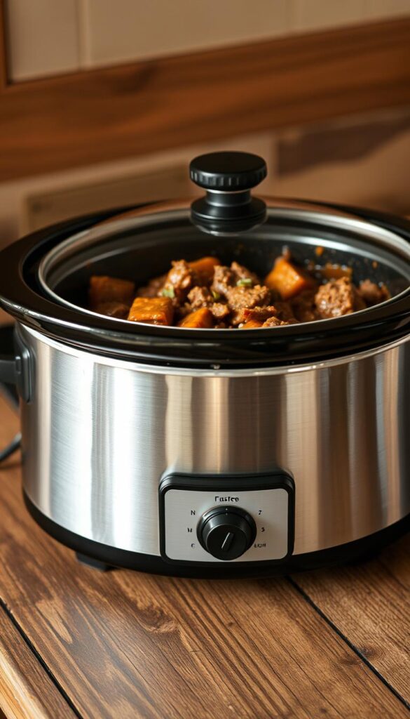 A countertop slow cooker with a brushed stainless steel exterior, sitting on a rustic wooden surface. The interior is filled with a hearty beef stew, slow-simmered to perfection, the aroma of rich seasonings and tender meat filling the air. Warm lighting casts a cozy glow, casting soft shadows that accentuate the textures of the ceramic insert and tempered glass lid. The scene evokes a sense of comfort and nourishment, perfectly suited to illustrate the benefits of using a slow cooker for a flavorful beef stew on a busy night.