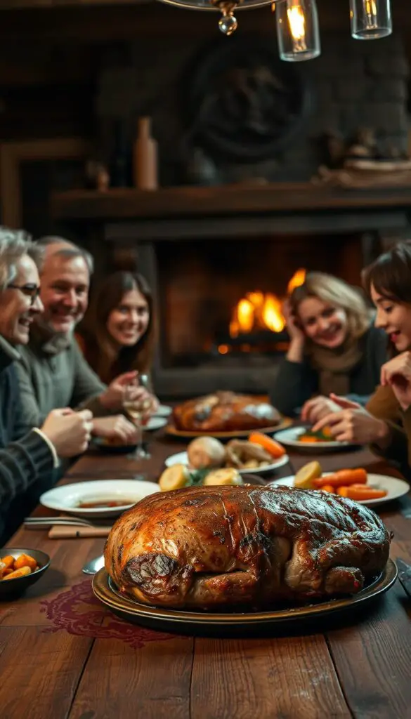 A cozy and nostalgic scene of a family gathered around a rustic wooden table, enjoying a hearty roast beef dinner. In the foreground, a beautifully golden-brown, slow-roasted beef tenderloin takes center stage, surrounded by classic roasted vegetables like potatoes, carrots, and onions. The middle ground features the family members, dressed in warm, comfortable attire, engaged in lively conversation and laughter, their faces aglow in the soft, ambient lighting. In the background, a crackling fireplace casts a warm, flickering glow, adding to the inviting and sentimental atmosphere. The overall scene evokes a sense of tradition, comfort, and the timeless joy of sharing a delicious, home-cooked meal together.