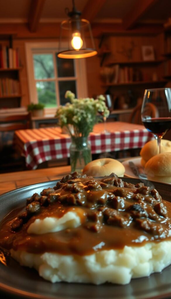 A cozy, dimly lit kitchen scene featuring a savory ground beef and gravy dish, served over fluffy mashed potatoes and accompanied by buttery dinner rolls. In the foreground, a heavy ceramic plate holds the comforting meal, steam gently rising from the rich, simmered sauce. In the middle ground, a rustic wooden table is set with a checkered tablecloth, a simple bouquet of wildflowers, and a glass of red wine. The background reveals a warm, inviting kitchen, with soft lighting from a vintage pendant fixture overhead and glimpses of shelves lined with cookbooks and spices. The atmosphere is one of homey contentment, perfect for a satisfying ground beef dinner on a chilly evening.