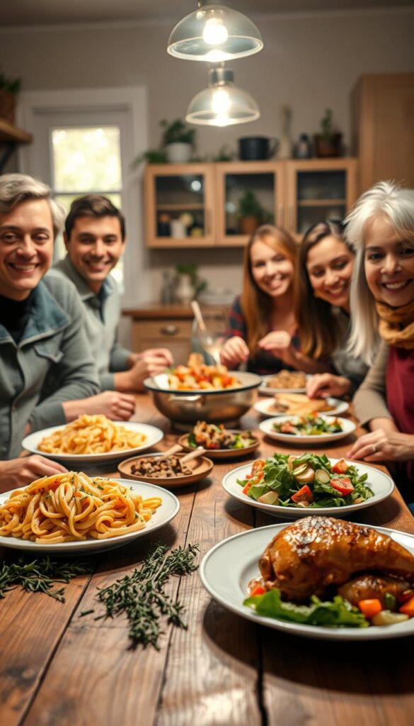 A cozy family kitchen filled with the aroma of homemade dishes. Steaming plates of pasta, golden-brown roasted chicken, and a colorful salad sit on a rustic wooden table, surrounded by fresh herbs and spices. Soft lighting casts a warm glow, as a group of smiling loved ones, young and old, gather to enjoy a hearty, wholesome meal together. The scene exudes a sense of comfort, nourishment, and the joy of shared culinary experiences.