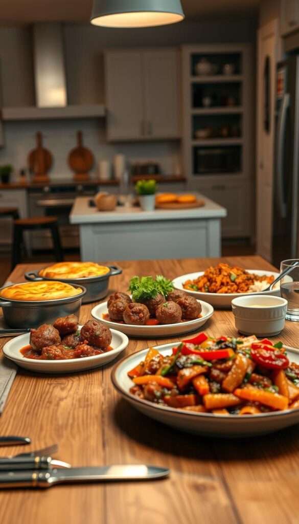 A cozy, family-style kitchen scene with a wooden table in the foreground, featuring a variety of tasty ground beef dishes - a hearty shepherd's pie, juicy meatballs in a rich tomato sauce, and a flavorful beef and vegetable stir-fry. The table is set with simple yet elegant place settings, inviting the viewer to imagine sitting down to a delicious, home-cooked meal. Warm, soft lighting illuminates the scene, creating a comforting and welcoming atmosphere. The background showcases a modern, open-concept kitchen with clean lines and neutral tones, emphasizing the focus on the delectable ground beef dishes in the center of the frame.