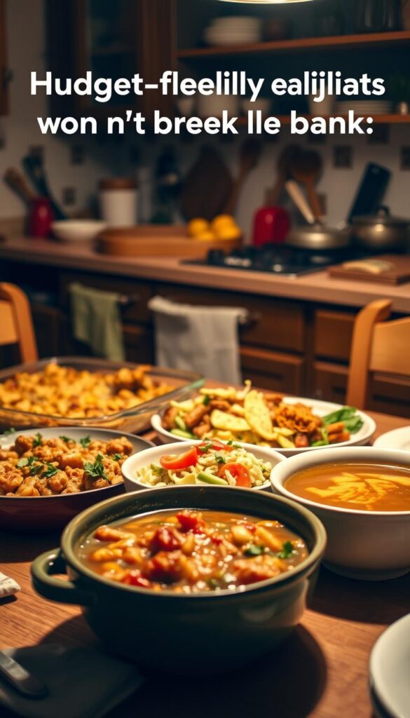 A cozy family-style kitchen setting, illuminated by warm, soft lighting. On the table, an array of homemade dishes - a hearty casserole, a simple yet flavorful salad, and a comforting soup, all presented in simple, rustic serving vessels. The food showcases vibrant colors and appetizing textures, suggesting a satisfying, nourishing meal that won't break the bank. In the background, a cluttered yet inviting countertop with various cooking utensils and ingredients, conveying the homemade, budget-friendly nature of the recipes. The overall atmosphere is one of comfort, simplicity, and the joy of a shared family dinner.