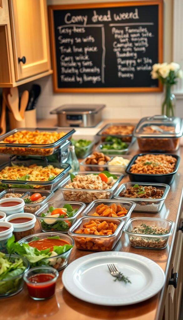 A cozy kitchen counter, adorned with an array of meticulously prepared make-ahead meals. Hearty casseroles, fresh salads, and portioned-out protein dishes nestle alongside containers of sauces and marinades, all ready to be effortlessly assembled for a stress-free family dinner. Warm lighting casts a gentle glow, reflecting off the gleaming surfaces and highlighting the vibrant colors of the various dishes. In the background, a chalkboard menu board displays tempting options, while a simple vase of fresh flowers adds a touch of homey charm. An atmosphere of organized efficiency and mouthwatering anticipation permeates the scene, inviting the viewer to savor the convenience and deliciousness of these make-ahead family-friendly meals.