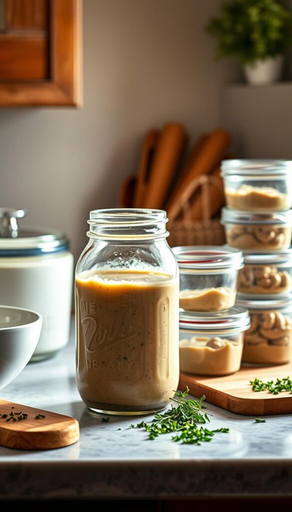 A cozy kitchen counter, bathed in soft, warm lighting, showcases a variety of storage containers holding creamy mushroom soup. The foreground features a large glass mason jar, its contents gently swirling, ready to be ladled into a waiting bowl. Alongside, a set of smaller lidded containers, neatly organized, convey the ease of refrigerating or freezing leftover portions. In the middle ground, a cutting board displays the remnants of freshly chopped herbs, hinting at the flavors to come. The background subtly fades, drawing the eye to the beautifully presented soup storage options, inspiring confidence in the recipe's versatility and longevity.