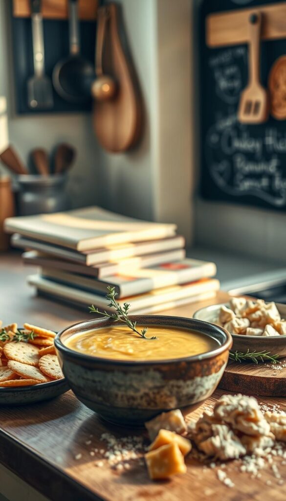 A cozy kitchen counter, bathed in warm, natural light filtering through a window. In the foreground, a rustic bowl overflows with a creamy, golden-hued soup, garnished with delicate sprigs of fresh thyme. Surrounding the bowl, an assortment of ingredients - crisp crackers, tender chicken chunks, and a sprinkle of grated parmesan - inviting the viewer to explore creative ways to transform the leftover cream of chicken soup into a delightful new dish. The middle ground features a stack of well-worn cookbooks, hinting at the culinary inspiration to be found within. In the background, a few hanging kitchen utensils and a chalkboard wall add to the homey, inviting atmosphere, capturing the essence of making the most of every last drop of this comforting soup.